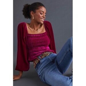 Anthropologie Velvet Puff Sleeve Smocked Long Sleeve Blouse Top Shirt, XS